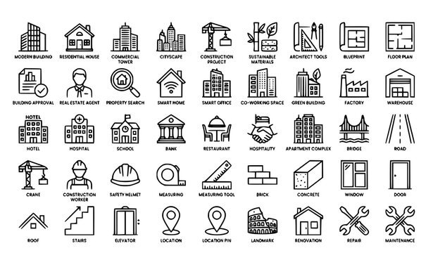 Architecture Building and Construction Thin Line Icons Collection Editable Outline Vector Pack for Real Estate Property Website App UI UX and Business Design