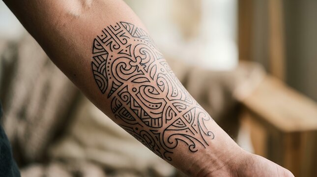 Intricate Tribal Tattoo Design on Human Arm Close Up.