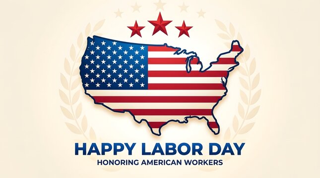 Happy Labor Day greeting card with USA map. American flag design honoring national workers.