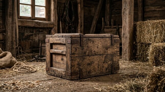 Old weathered wooden crate in a rustic barn setting, hay bales and ropes, rural storage and transport concept