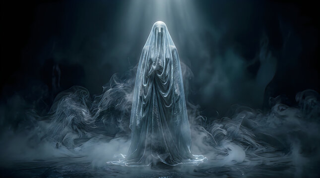 Eerie ghostly figure in white veil, mysterious phantom spirit in dark foggy atmosphere, cinematic horror scene with dramatic lighting and smoke Halloween
