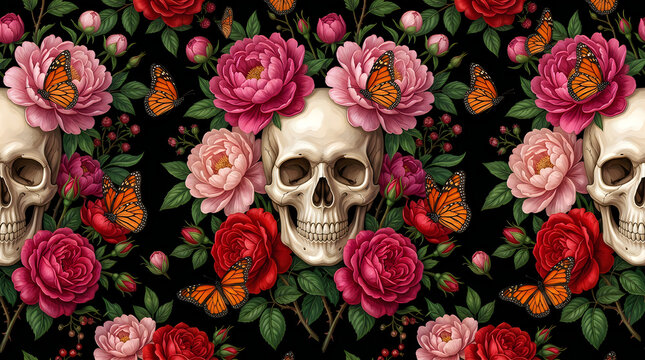 Gothic floral skull seamless pattern, vintage memento mori background with red roses and monarch butterflies, dark romantic botanical wallpaper Halloween
