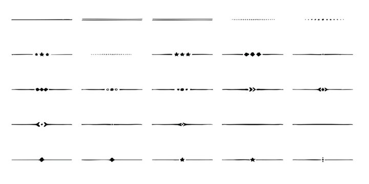 Set of black decorative text dividers and horizontal lines for page design and typography embellishment