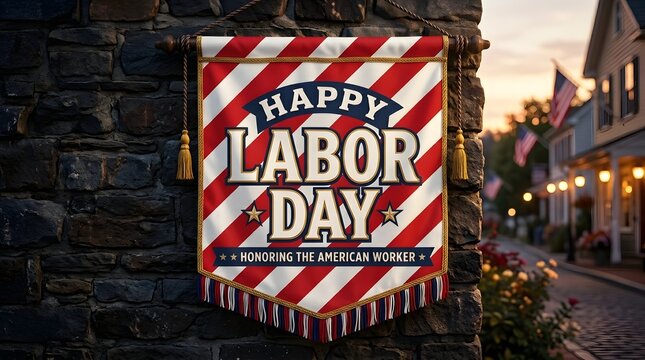 Happy Labor Day banner on stone wall. American holiday celebration with patriotic decor.
