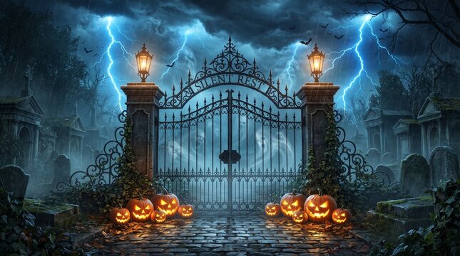 Spooky cemetery gates with glowing pumpkins and lightning at night