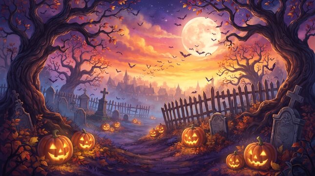 Spooky halloween graveyard scene with glowing jackolanterns at sunset