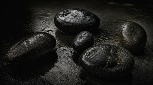 A moody close-up of five dark, wet stones resting on a glossy, reflective black surface. Dramatic spotlighting creates deep shadows and highlights the textures.