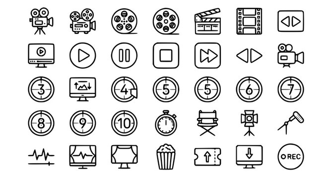 Professional film production line icon set with movie camera projector countdown and video editing symbols vector isolated on white background