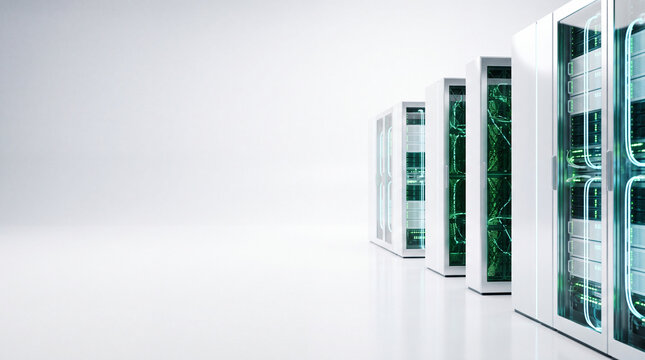 Green computing and sustainable data center report cover background with empty negative space and glowing green technology server racks