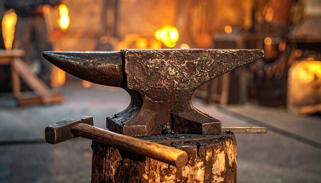 Traditional heavy steel anvil and hammer on a tree stump in a blacksmith workshop with glowing forge fire