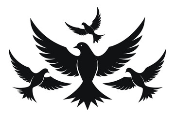 Naklejka premium Silhouette of five soaring doves symbolizing peace freedom and spirit against white background