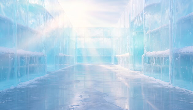 Ice corridor palace background with sunlight 陽光が燦々と差し込む神秘的で幻想的な巨大な氷の宮殿廊下の背景イラスト