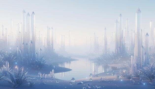 Fantasy crystal forest landscape background 神秘的な輝きを放つクリスタル結晶がそびえ立つファンタジーな景観背景イラスト