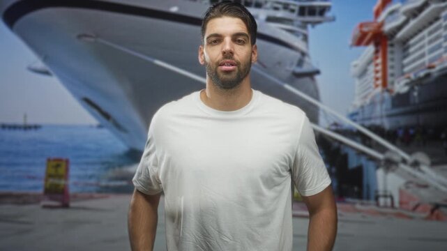 Man pointing with hand toward camera on cruise ship dock in white tshirt, smiling, winking and later blowing a kiss in sequence; playful farewell.