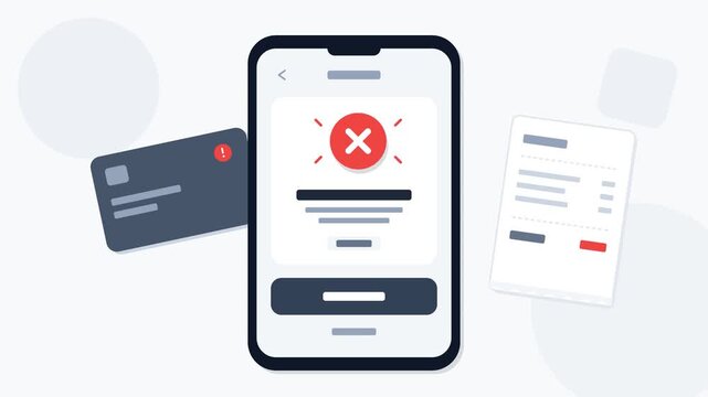 Conceptual illustration of a failed mobile payment transaction on a smartphone, featuring a credit card and an invoice