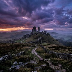 Fototapeta premium Ancient Castle Ruins on Hilltop at Dramatic Sunset with Stormy Clouds.