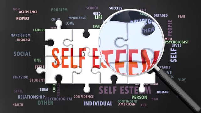 Self Esteem under magnifying glass, being researched, studied and examined. Most important subjects and ideas closely related to self esteem written around a puzzle.Can be looped.