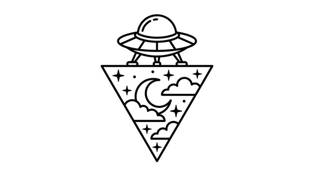Minimalist UFO line art icon with crescent moon.