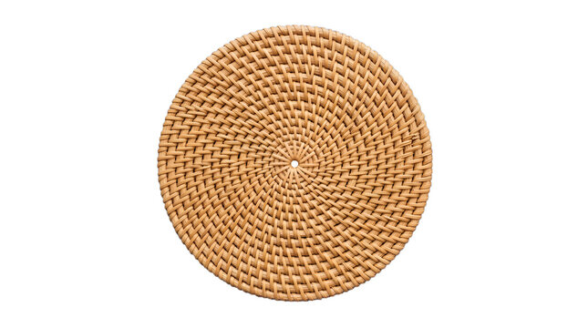 Natural rattan placemat isolated on white background, round woven wicker coaster for dining table, rustic straw mat with spiral texture
