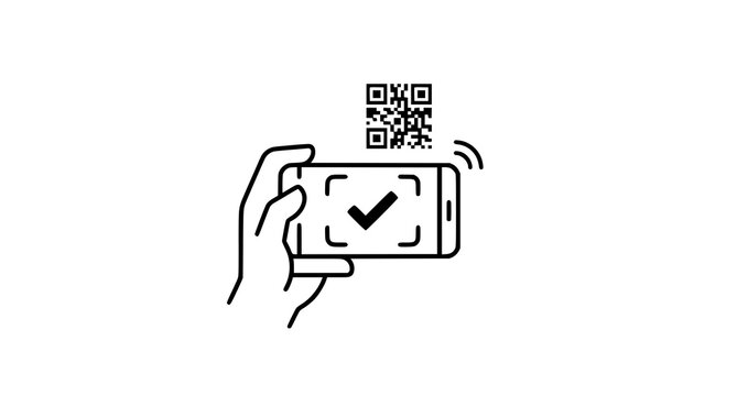 Hand holding smartphone scanning QR code icon editable stroke mobile scanner isolated vector symbol