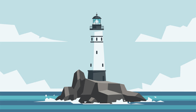 Classic white lighthouse standing on rocky island in middle of blue ocean under cloudy sky during bright summer day.