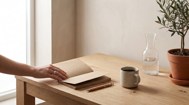 A hand opens a rustic notebook on a wooden desk, next to a coffee mug and a small olive tree in a pot