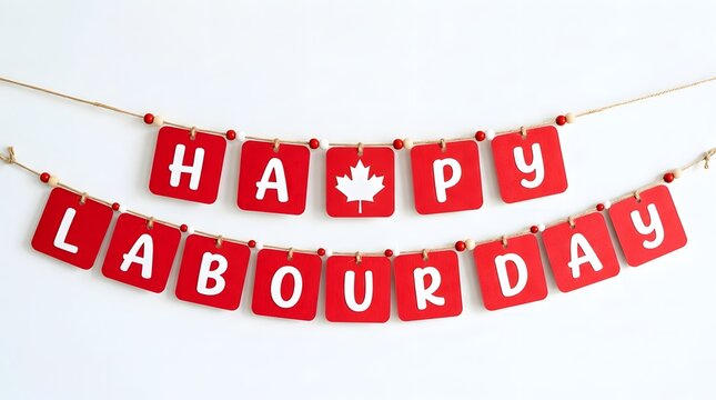 Happy Labour Day banner with maple leaf. Red festive bunting for Canadian holiday event.