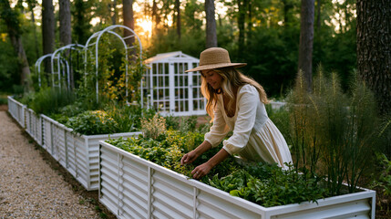 Fototapeta premium Serene cottage garden scene featuring a woman tending to herbs at sunset Generative AI