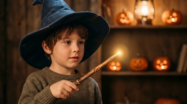 young boy in wizard hat holding wand with jack-o-lanterns