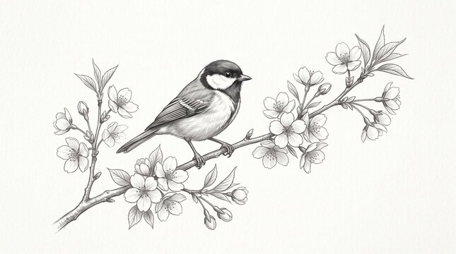 Detailed Pencil Sketch Illustration of a Small Songbird Perched on Blooming Sakura Cherry Blossom Branch