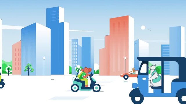 Wild Animals and Farm Animals Coexisting in Modern Urban Environment 2D Animation