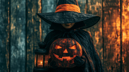 Obraz premium Charming witch holding a glowing lantern and carved pumpkin at dusk on Halloween Generative AI