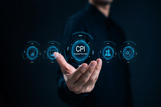 Consumer price index CPI concept with related icons and a hand showing financial data.