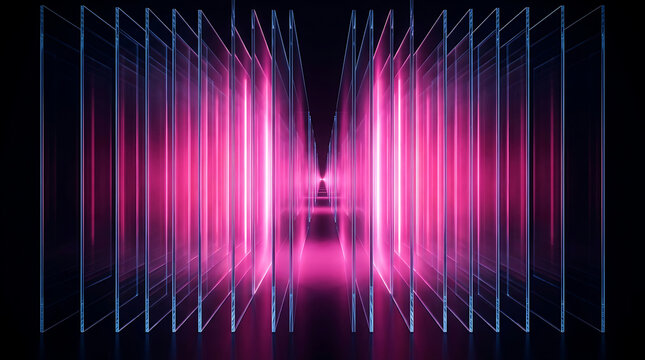Abstract Pink Light Corridor with Vertical Glass Panels