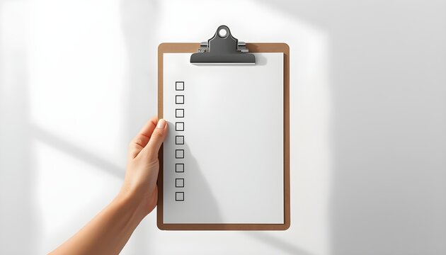 Woman holding blank clipboard with checklist boxes isolated on white background. To do list concept for business tasks.