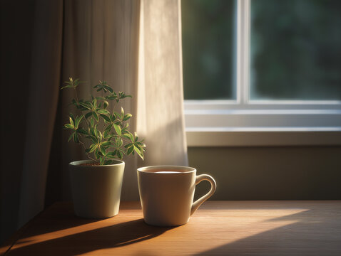 Morning light dances through soft curtains, revealing a quiet moment of peace Generative AI