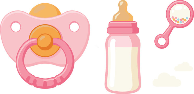 Newborn infant baby care product vector illustration set with pink silicone pacifier dummy plastic milk feeding bottle and colorful rattle toy isolated on white background