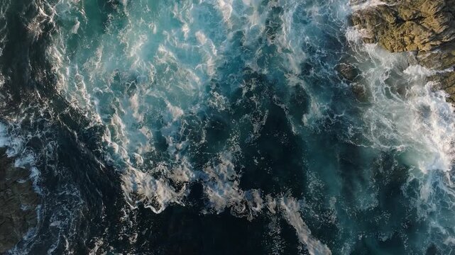 Aerial view of turbulent ocean waves crashing on rocks