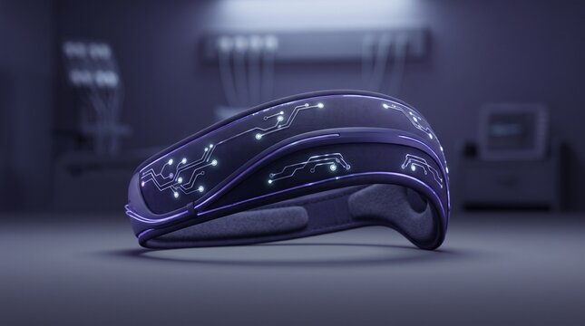 Futuristic neural interface headband with glowing circuit patterns, advanced wearable brain computer technology, sci-fi medical neurotech device