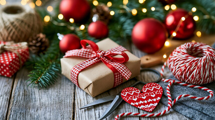 Fototapeta premium Warm festive scene with gifts, decorations, and cozy accents celebrating the joy of Christmas Generative AI