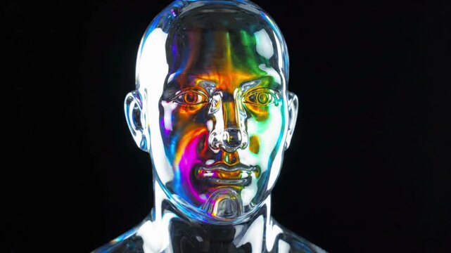 Metallic Android Face with Vibrant RGB Light Reflections, Futuristic AI Robot Head with Colorful Glowing Reflections
