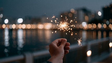 Fototapeta premium Hand holding a sparkler at dusk near the water, capturing sparkling moments of joy Generative AI