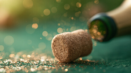 Fototapeta premium Cork of sparkling wine bursts open in celebration on a sunny afternoon Generative AI