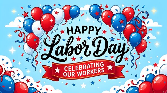 Happy Labor Day celebration banner. Patriotic holiday greeting with red and blue balloons.