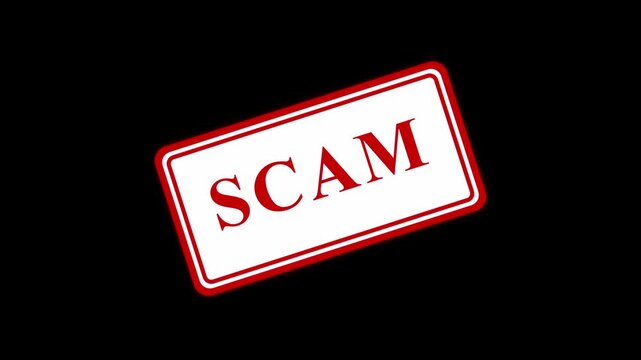 Glowing Red SCAM Stamp Animation Flickering on Black Background for Fraud Awareness and Cyber Security Visuals