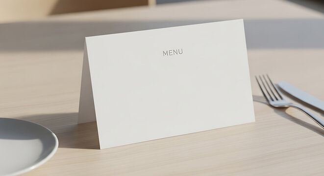 Folded white menu card stands on a light colored wooden table with silverware nearby restaurant