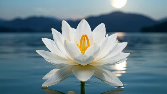White lotus flower blooming on calm water under full moon in mountain landscape