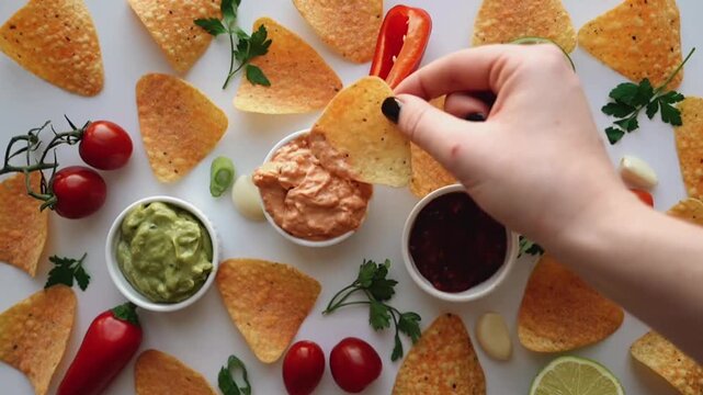 ​Flat lay mexican food layout with tortilla chips salsa guacamole and dipping hand vector
