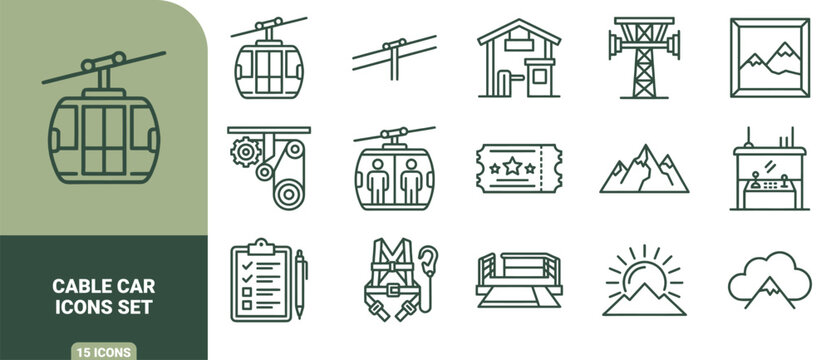 Cable car icons set featuring line of ski lifts, mountain peaks, gondolas, and equipment ropeway