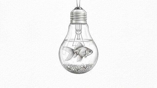Creative Pencil Sketch Illustration of a Goldfish Swimming Inside a Glass Lightbulb Aquarium